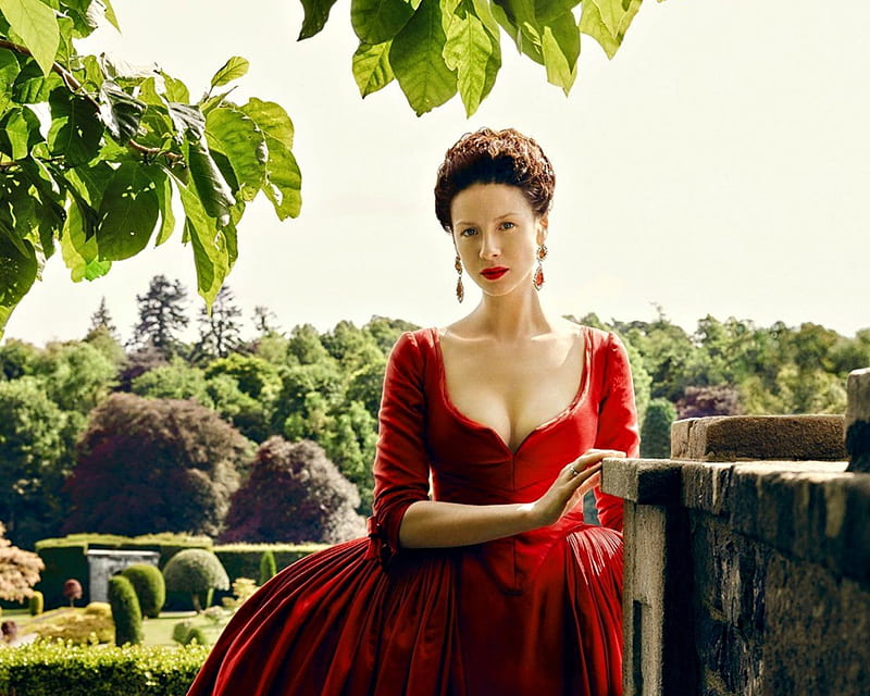 Outlander (TV Series 2014– ), red, Caitriona Balfe, dress, outlander, woman, fantasy, green, actress, tv series, drama, history, HD wallpaper