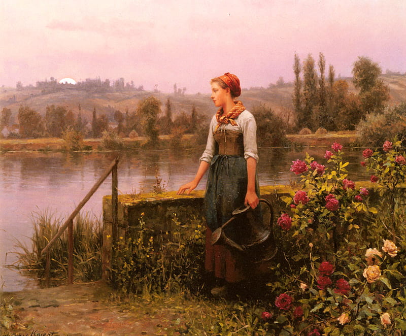 A woman with a watering can by the river, art, people, painting, nature, daniel ridgway knight, woman, field, HD wallpaper