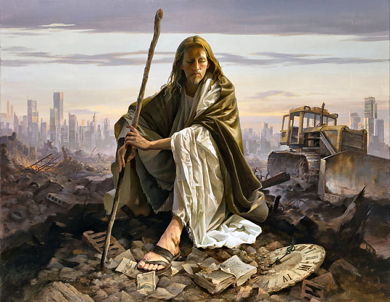 Christ in the Desert, disaster, architecture, art, desert disaster, religious, bonito, artwork, christ, jesus, painting, scenery, HD wallpaper
