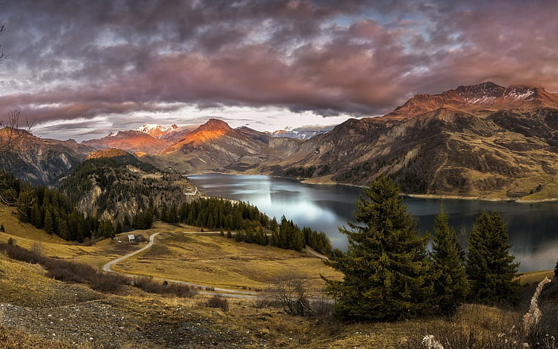 Mountain lake, spring, sunset, mountains, beautiful nature, HD wallpaper