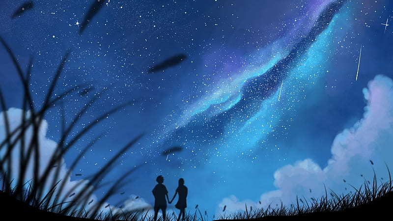 anime couple, stars, scenic, silhouette, romance, sky, Anime, HD wallpaper