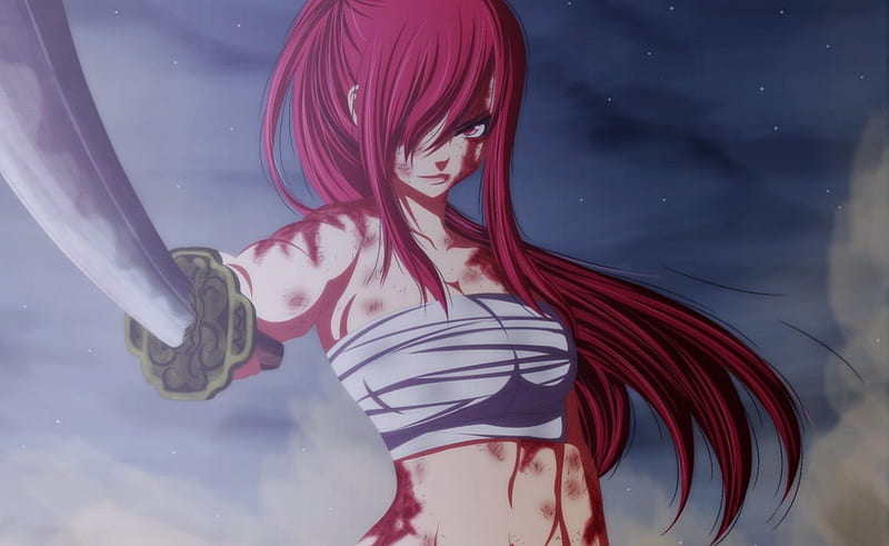 Erza Scarlet, red, fairy tail, warrior, anime, erza, long hair, sword, blood, HD wallpaper