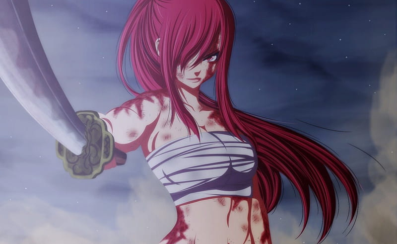 Fairy tail anime blue long haired erza scarlet serious woman wearing  samurai armor