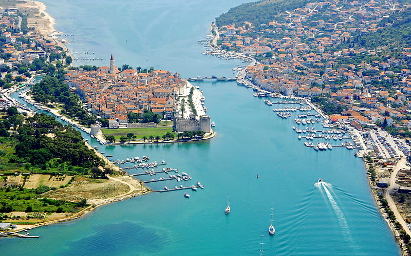 Trogir, summer, resort, aerial view, resorts of Croatia, Trogir cityscape, Croatia, HD wallpaper