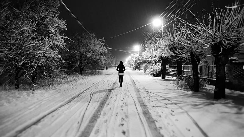 a walk in a wintry night, girl, walking, road, lights, night, winter, HD wallpaper