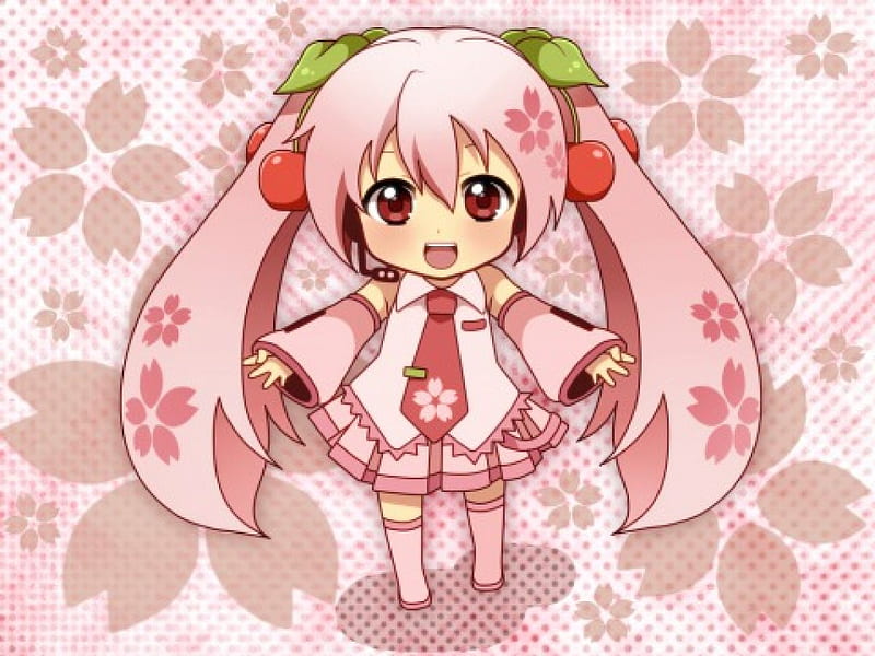 ~Chibi Sakura Miku~, cute, vocaloid, Sakura Miku, anime, cherries, chibi, pink, HD wallpaper