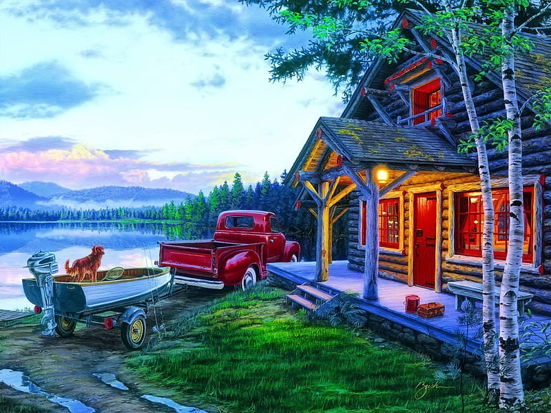 Cabin fever, art, cottage, bonito, cabin, picnic, lake, serenity, painting, summer, peaceful, fever, dog, fishing, HD wallpaper