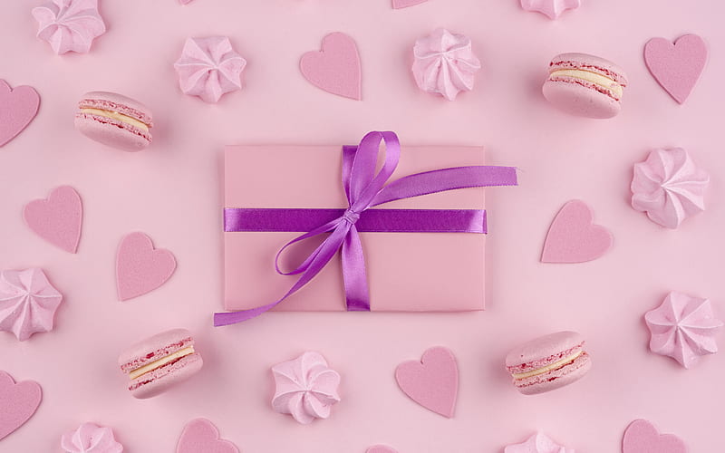 pink box gift, purple silk bow, pink holiday background, pink cookies, pink macaroons, HD wallpaper