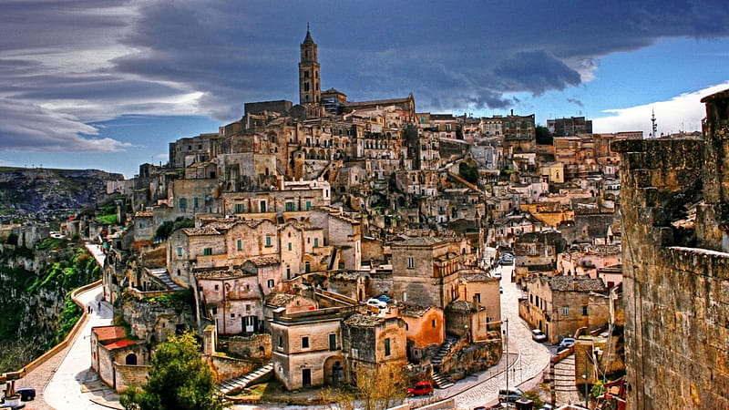 City of Matera_Italy, architecture, rocks, Italy, homes, ruins, old, clouds, italia, nice, monument, landscapes, village, street, hills, ancient, view, town, colors, sky, trees, panorama, building, antique, medieval, HD wallpaper