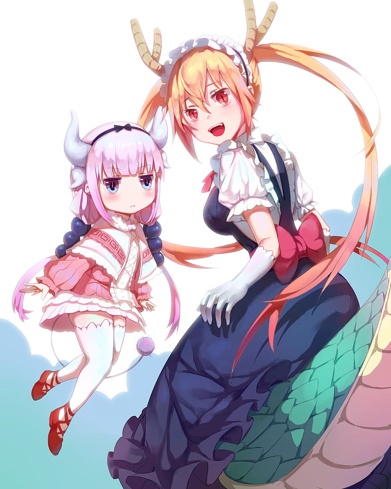 anime, anime girls, Tohru (Kobayashi-san Chi no Maid Dragon), Kanna Kamui (Kobayashi-san Chi no Maid Dragon), Kobayashi-san Chi no Maid Dragon, 2D, drawing, digital art, blonde, blond hair, twintails, long hair, brown eyes, maid, horns, maid outfit, dragon girl, simple background, white background, tail, red tie, pink hair, HD phone wallpaper