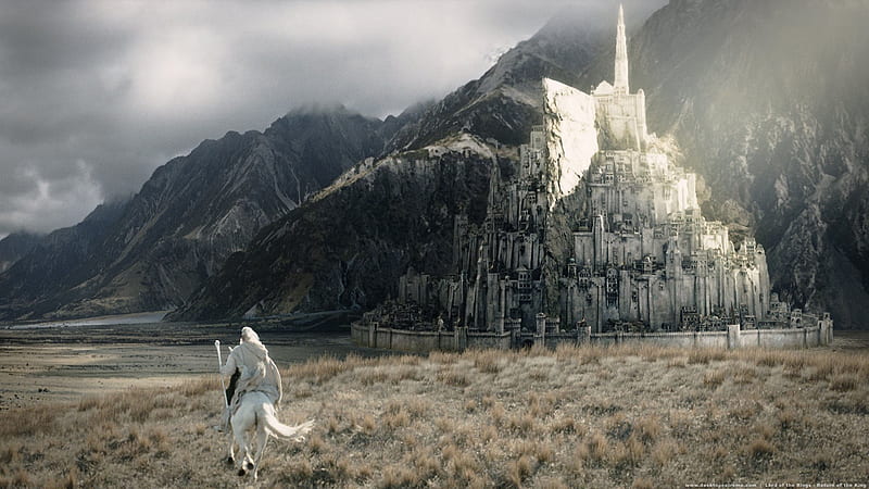 Lord of the Rings, tail, palace, horse, clouds, desolate, mountain, gris, gandalf, white, HD wallpaper