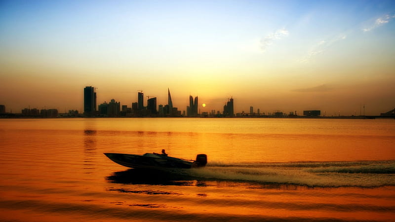speedboat in a golden bay, city, speedboat, bay, golden, HD wallpaper