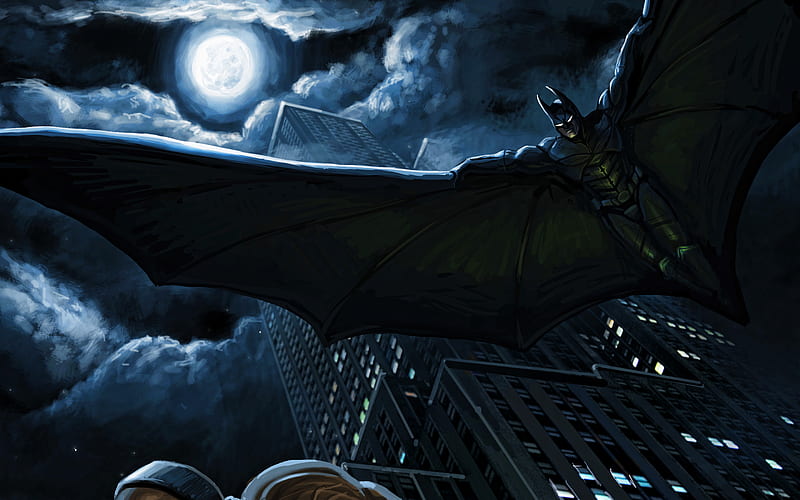 Flying Batman, night, superheroes, Marvel Comics, Batman, HD wallpaper