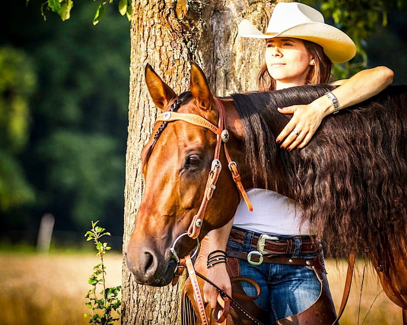 Cowgirl and Her Friend, tress, horse, cowgirl, chaps, HD wallpaper