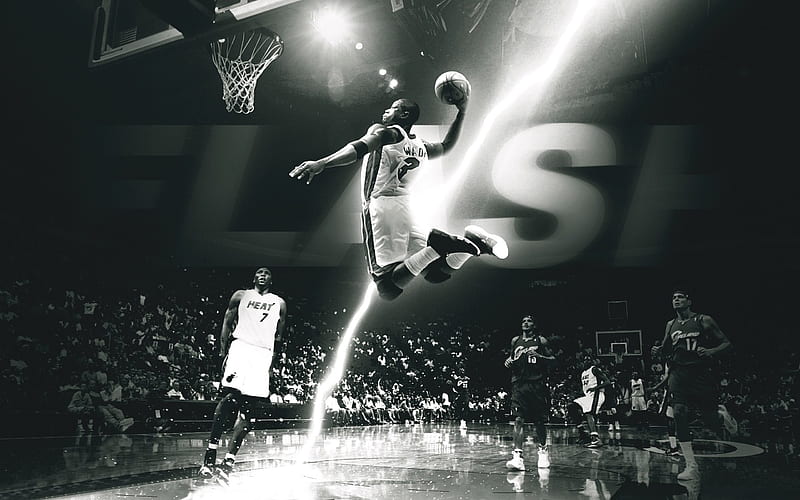 Dwyane Wade, NBA, basketball players, monochrome, dunk, HD wallpaper