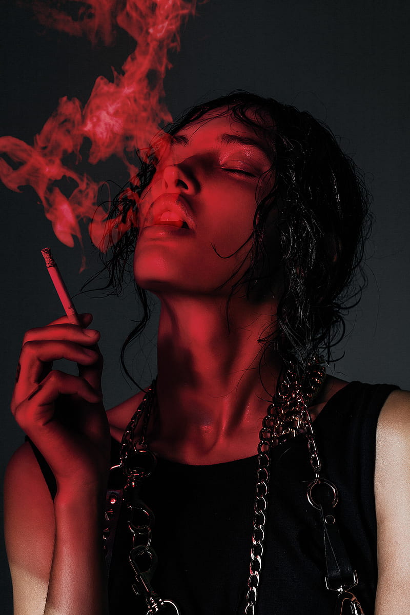women, women indoors, smoking, cigarettes, dark, face, closed eyes, smoke, red, HD phone wallpaper