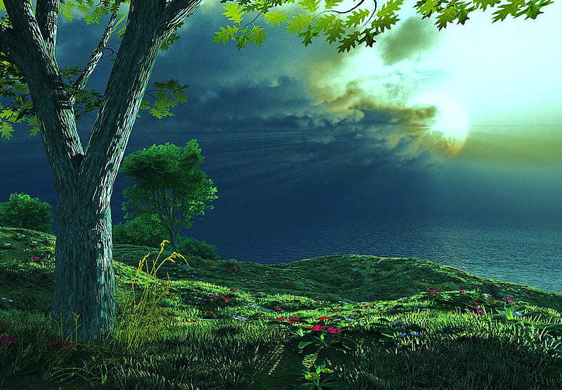 Storm horizon, tree, rays, grass, flowers, clouds, storm, lake, HD wallpaper