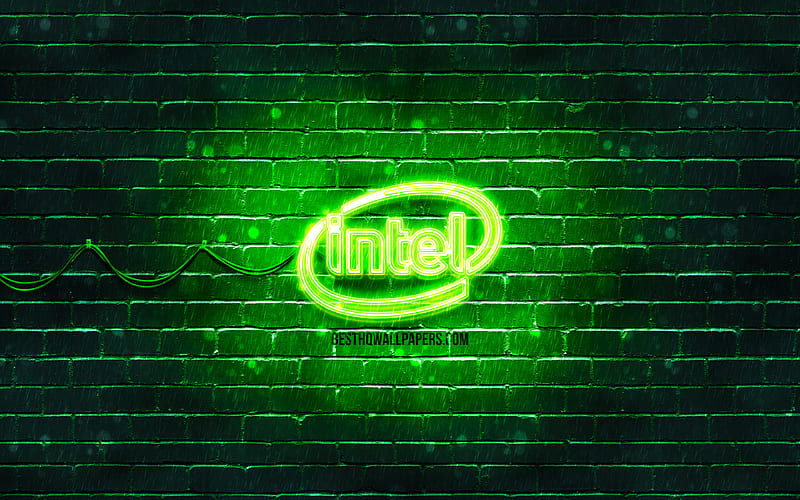 Intel green logo green brickwall, Intel logo, brands, Intel neon logo, Intel, HD wallpaper