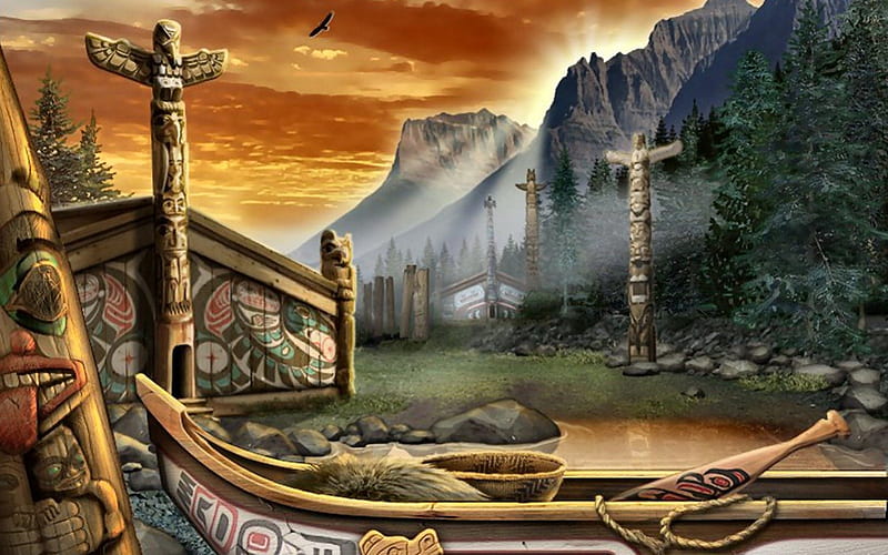 Totem Sunset F2, art, canoe, totems, illustration, artwork, painting, wide screen, Native American, computer graphics, HD wallpaper