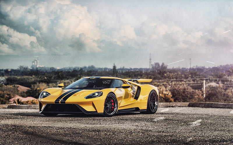 Yellow Ford GT, supercars, 2019 cars, parking, Ford GT, american cars, Ford, 2019 Ford GT, HD wallpaper