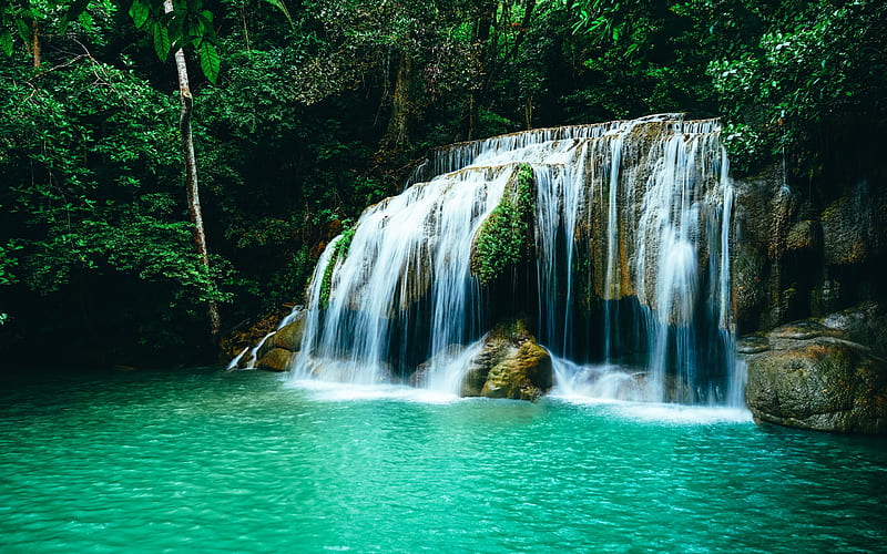 beautiful waterfall, secret places, jungle, rainforest, Thailand, turquoise lake, environment, waterfalls, HD wallpaper