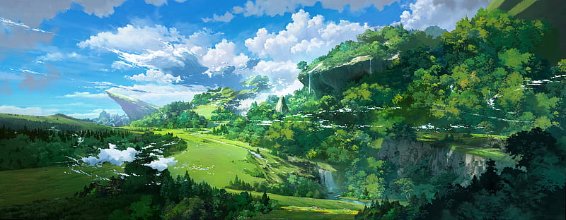 cliff, lake, trees, sky, art, HD wallpaper