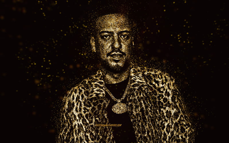 French Montana, gold glitter art, black background, American rapper, French Montana art, Karim Kharbouch, HD wallpaper