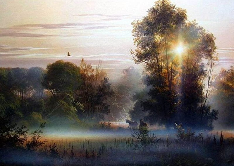 Yushkevich Victor. Morning in the Village, painting, art, sunrise, yushkevich victor, HD wallpaper