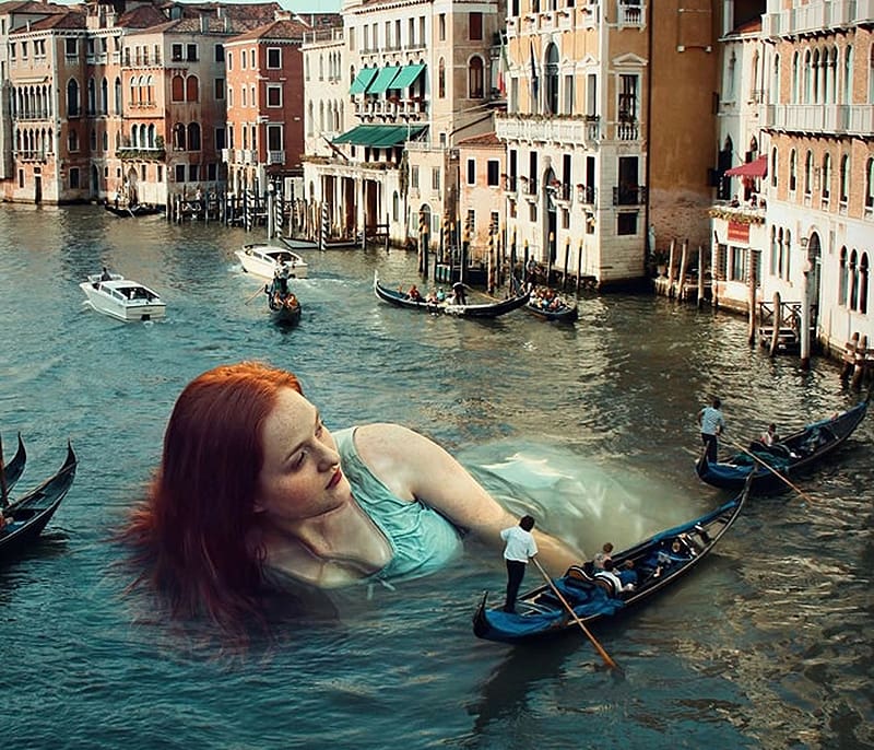 Giant mermaid in Venice, boat, gondola, venice, mermaid, fantasy, girl, water, siren, huseyin sahin, HD wallpaper