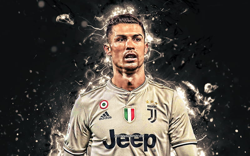 Ronaldo, gray uniform, 2019, Juventus FC, CR7 Juve, Bianconeri, football stars, portuguese footballers, soccer, Serie A, striker, Cristiano Ronaldo, neon lights, CR7, abstract art, HD wallpaper