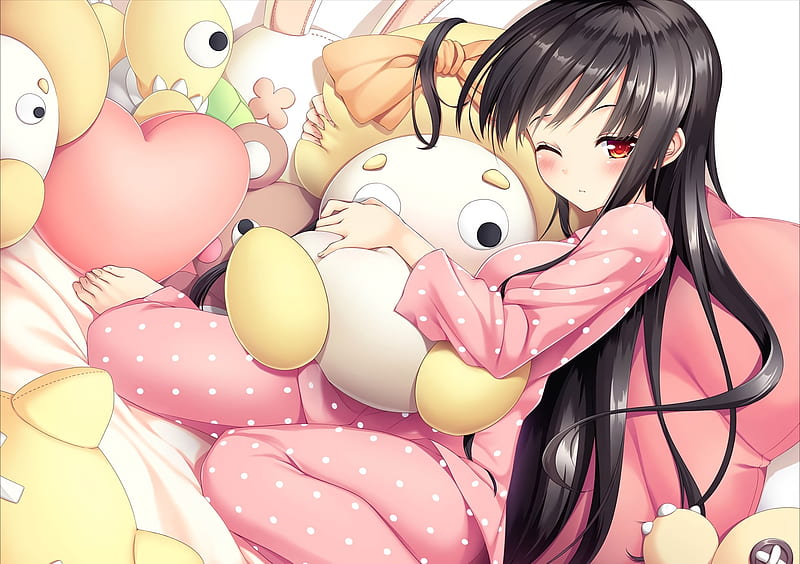 anime girl, black hair, stuffed toys, sleepy, pajamas, Anime, HD wallpaper