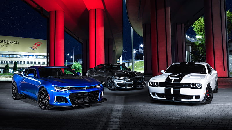 Camaro Mustang Challenger, dodge challenger, ford mustang, dodge camaro, carros, front view, vehicles, HD wallpaper