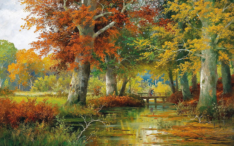 Autumn, leaf, art, alois arnegger, orange, toamna, yellow, park, panting, tree, water, bridge, pictura, HD wallpaper