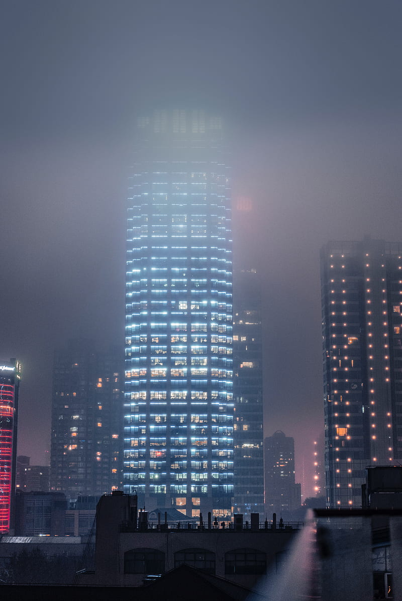 buildings, smog, fog, skyscrapers, night city, HD phone wallpaper