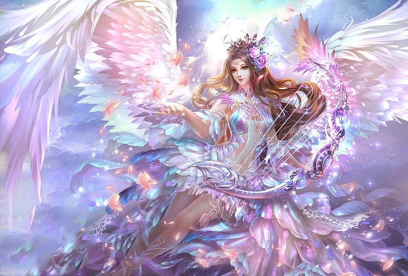 Beautiful Angel, wings, girl, digital, art, harp, HD wallpaper