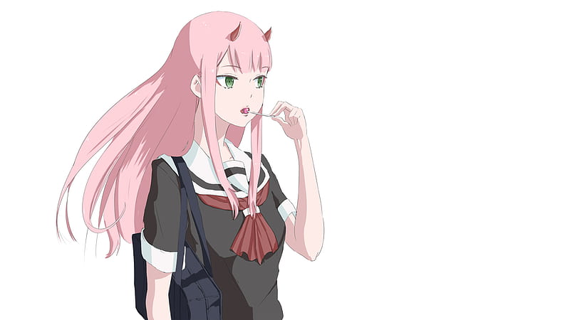 darling in the franxx zero two tasting lollipop with white background anime, HD wallpaper