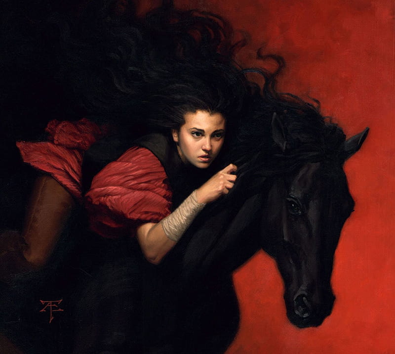Ashling, girl, running, black, horse, red, art, tristan elwell, frumusete, luminos, cal, fantasy, HD wallpaper