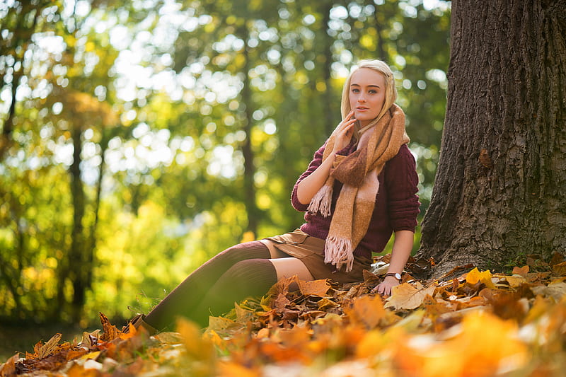 Blonde Girl Sitting Autumn , blonde, autumn, girls, model, HD wallpaper