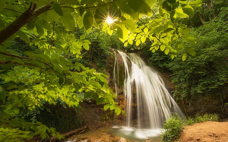 beautiful waterfall, forest, sun, lake, waterfalls, HD wallpaper
