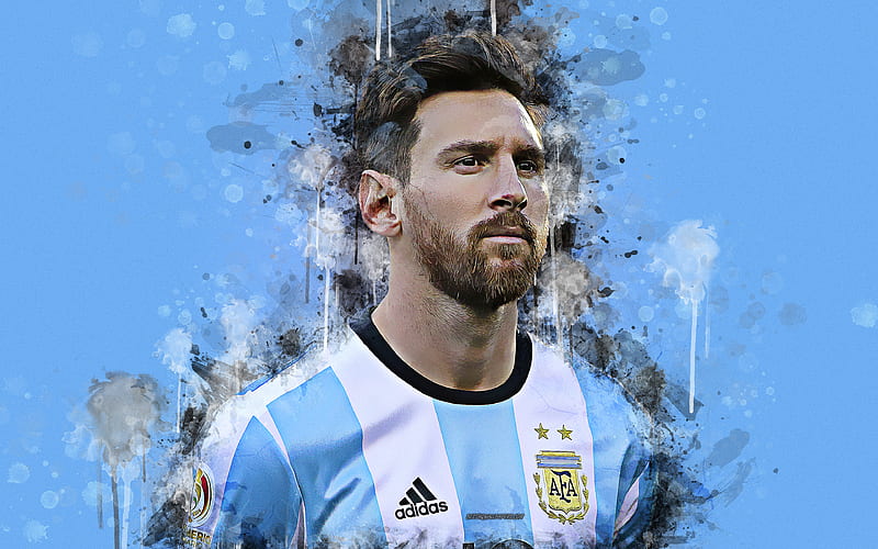 Lionel Messi, paint art face, grunge style, creative art, Argentina national football team, football, blue grunge background, Argentina, HD wallpaper