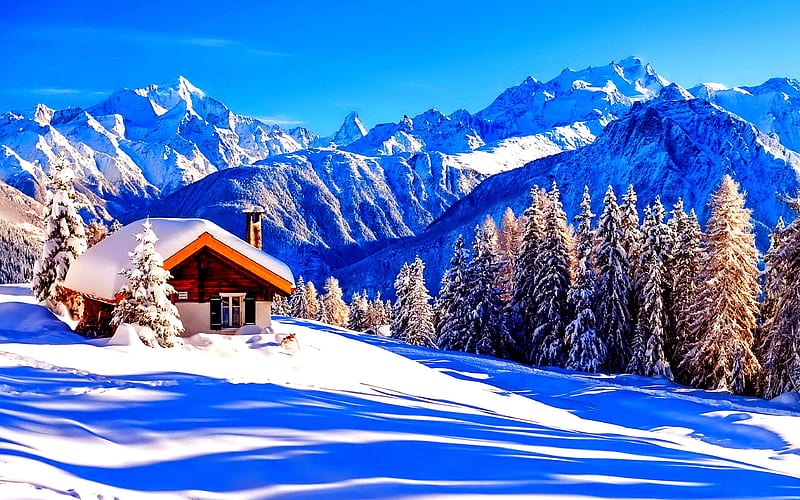 Alps, winter, mountains, hut, snowdrift, Europe, HD wallpaper