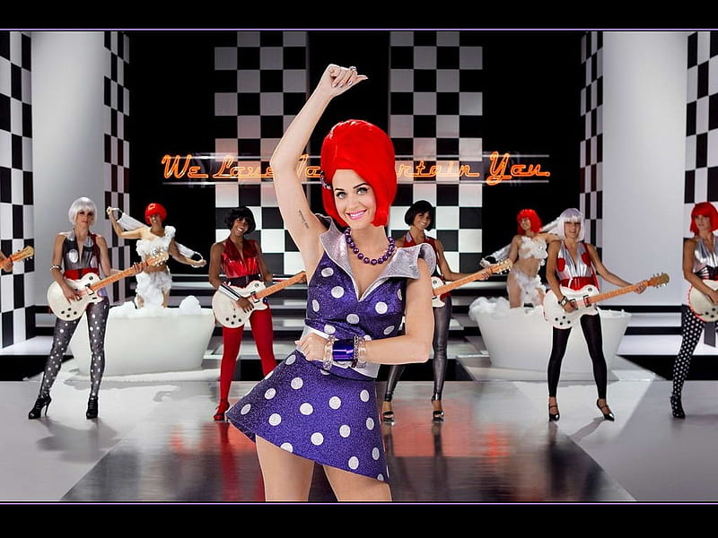 Katy Perry, red wig, perry, katy, polka dot, purple dress, HD wallpaper