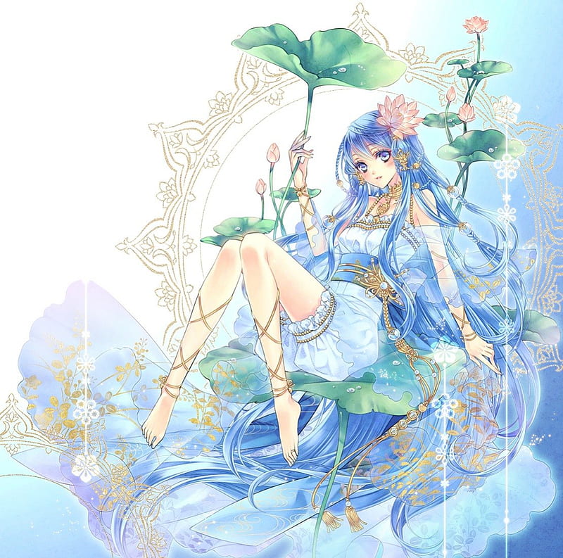 Lotus Maiden, pretty, lotus, dress divine, bonito, sublime, elegant, sweet, blossom, nice, anime, hot, beauty, anime girl, long hair, gorgeous, female, lovely, lily pad, gown, sexy, cute, girl, blue hair, flower, lady, angelic, maiden, HD wallpaper