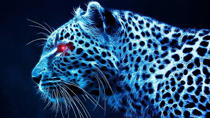 Electric Cheetah, Art, Electric, Blue, Eyes, Cheetah, Red, Neon, Animal, Galaxy, Digital, Cat, Spots, HD wallpaper