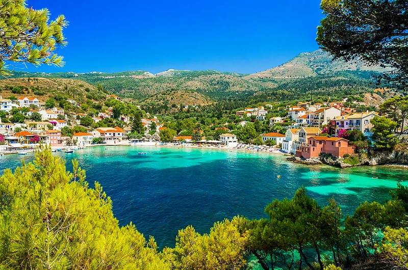 Greek island, hills, greek, view, houses, bonito, sky, r esort, lake, sea, summer, peaceful, village, island, HD wallpaper
