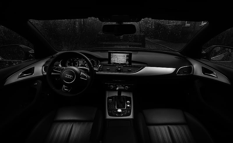 audi, steering wheel, car salon, rain, bw, HD wallpaper