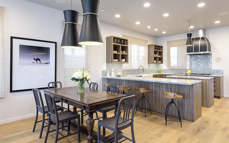 kitchen furniture, wooden table, kitchen interior, bar stools, HD wallpaper