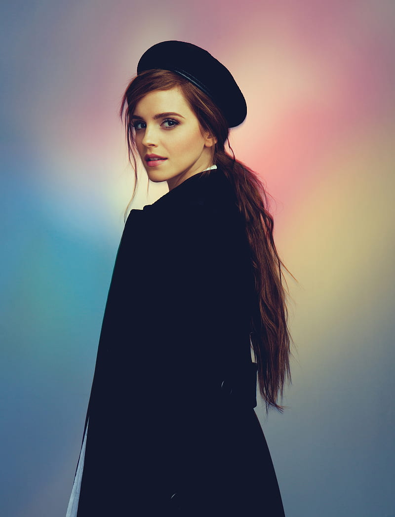 Emma Watson, women, actress, British, brunette, young woman, long hair, hat, gradient, HD phone wallpaper