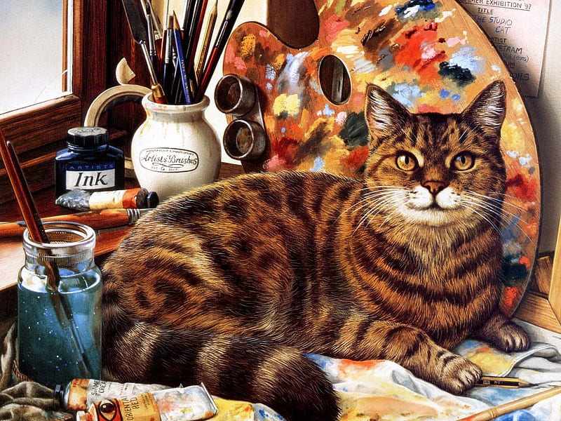 I am a great painter * Painting by Geoffrey Tristam, art, geoffrey tristam, ink, cat, animal, feline, painting, painter, kitten, HD wallpaper
