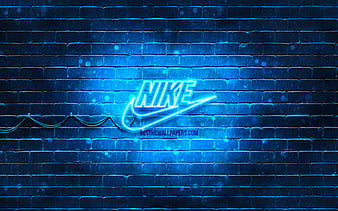 Nike blue logo blue brickwall, Nike logo, sports brands, Nike neon logo, Nike, HD wallpaper